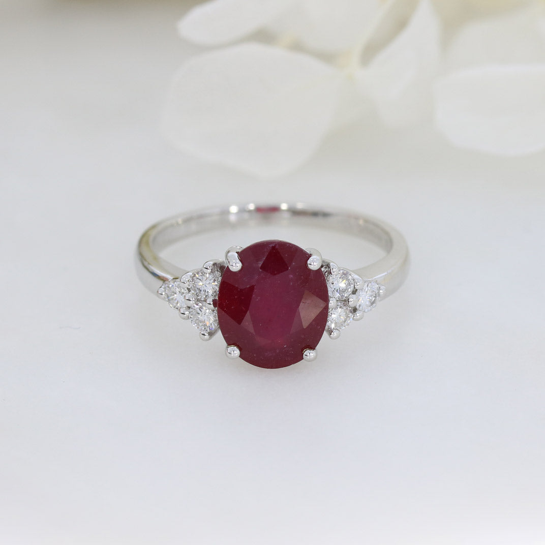 9ct White Gold Oval Glass Filled Ruby & Diamond Dress Ring