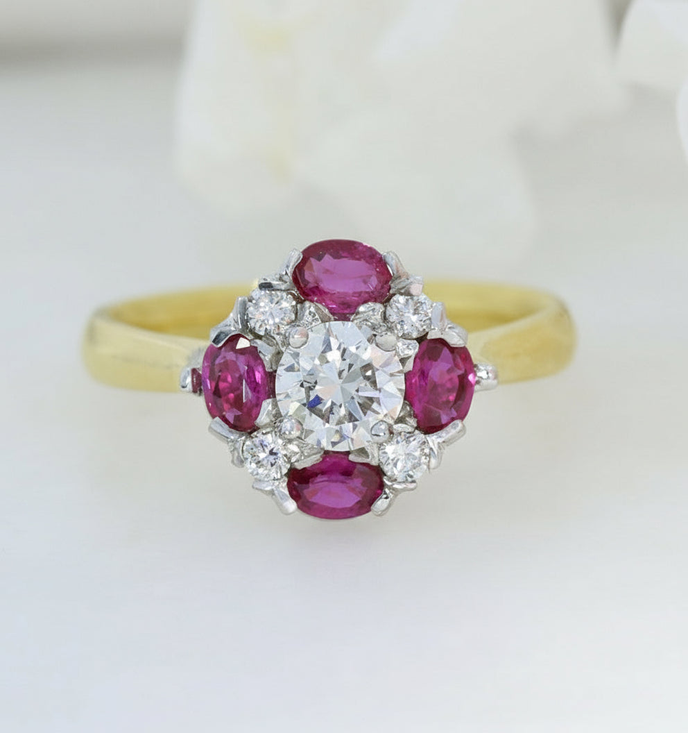 18ct Yellow Gold Round Diamond and Oval Ruby Cluster Ring