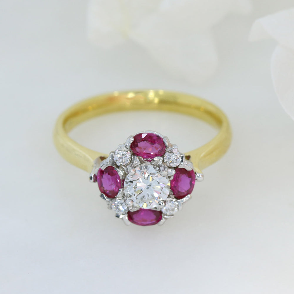 18ct Yellow Gold Round Diamond and Oval Ruby Cluster Ring
