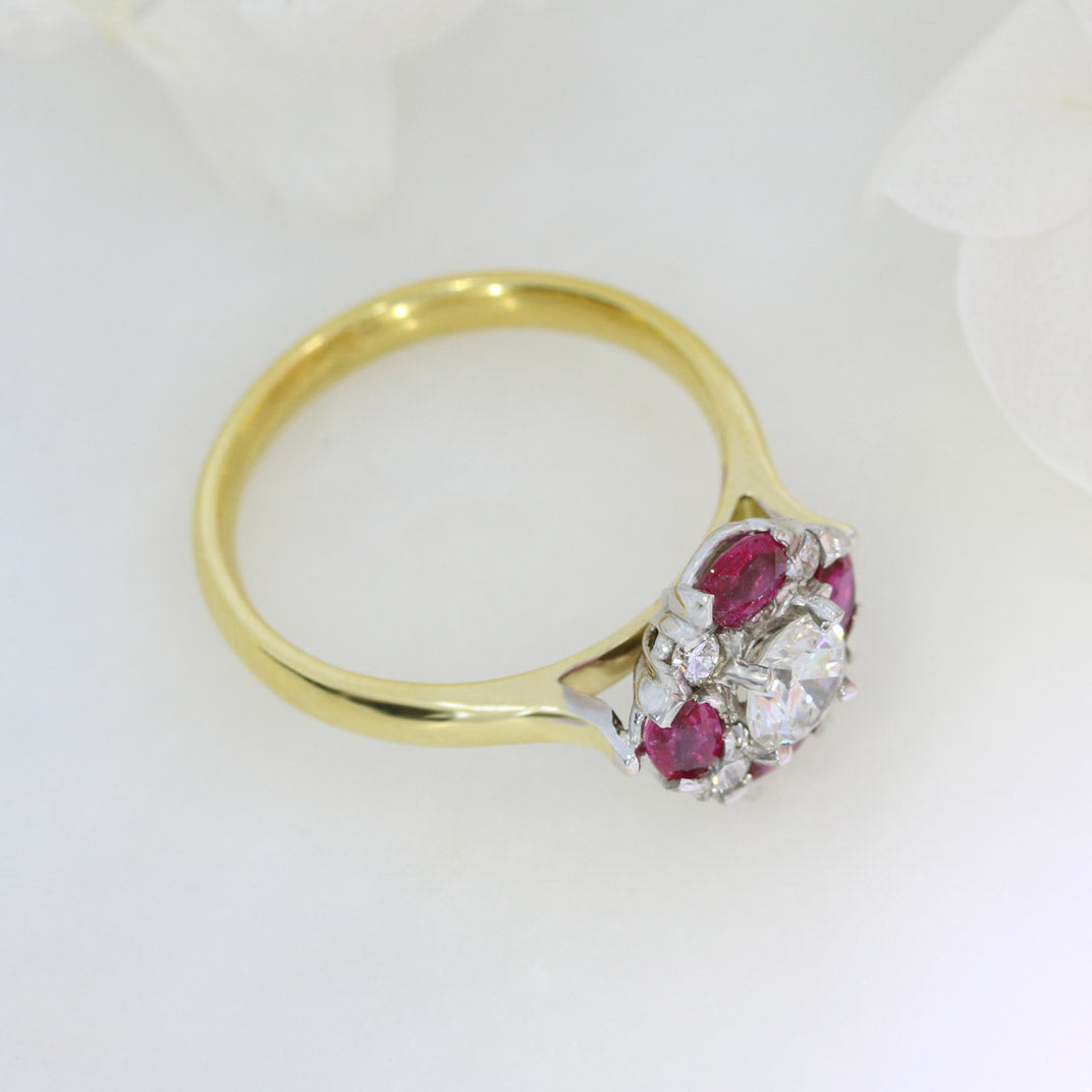 18ct Yellow Gold Round Diamond and Oval Ruby Cluster Ring