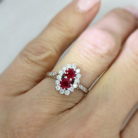18ct White Gold Ruby & Diamond Cluster Ring With Pave Set Shoulders