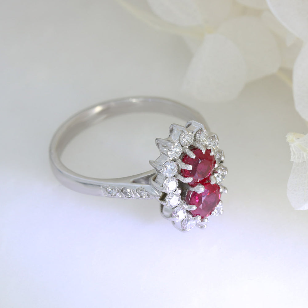 18ct White Gold Ruby & Diamond Cluster Ring With Pave Set Shoulders