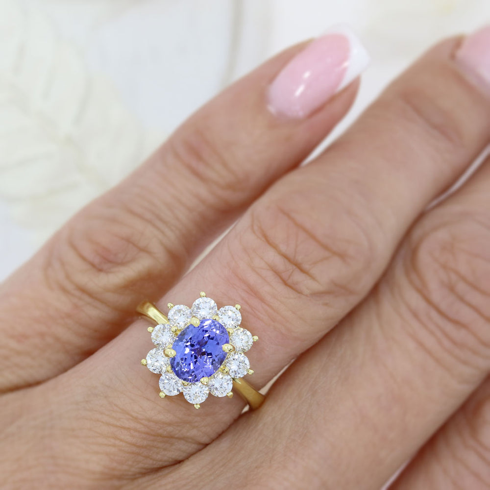 18ct Yellow Gold 1.80ct Oval Tanzanite & Diamond Cluster Ring