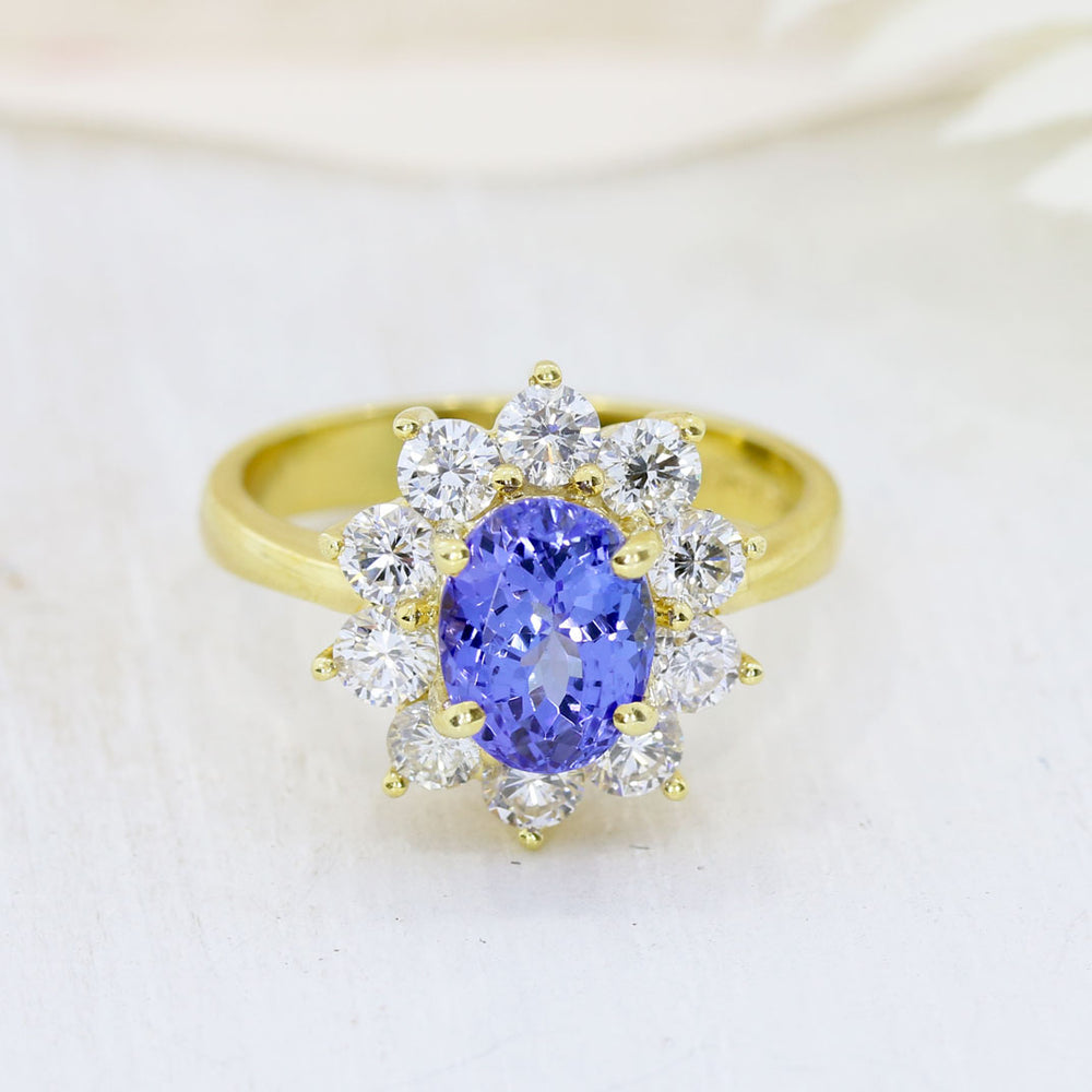 18ct Yellow Gold 1.80ct Oval Tanzanite & Diamond Cluster Ring