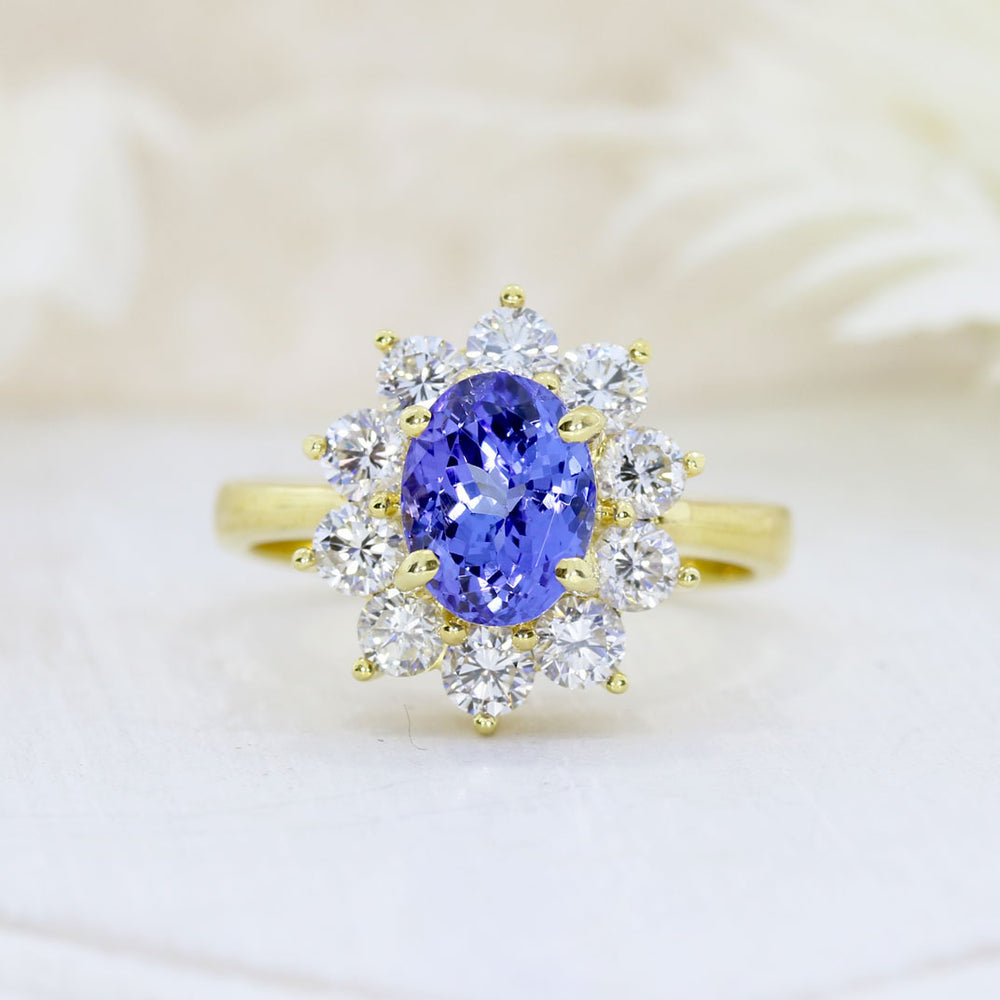 18ct Yellow Gold 1.80ct Oval Tanzanite & Diamond Cluster Ring