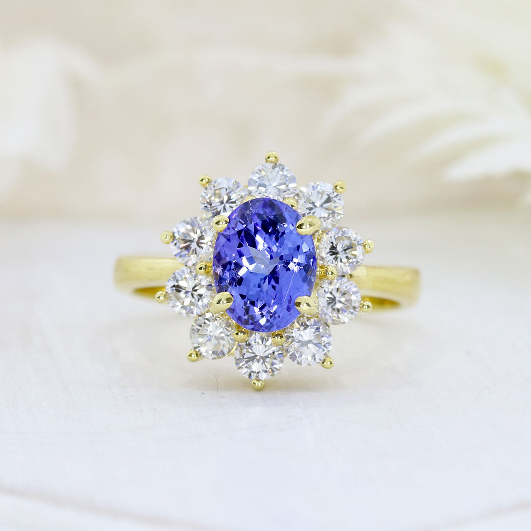 18ct Yellow Gold 1.80ct Oval Tanzanite & Diamond Cluster Ring