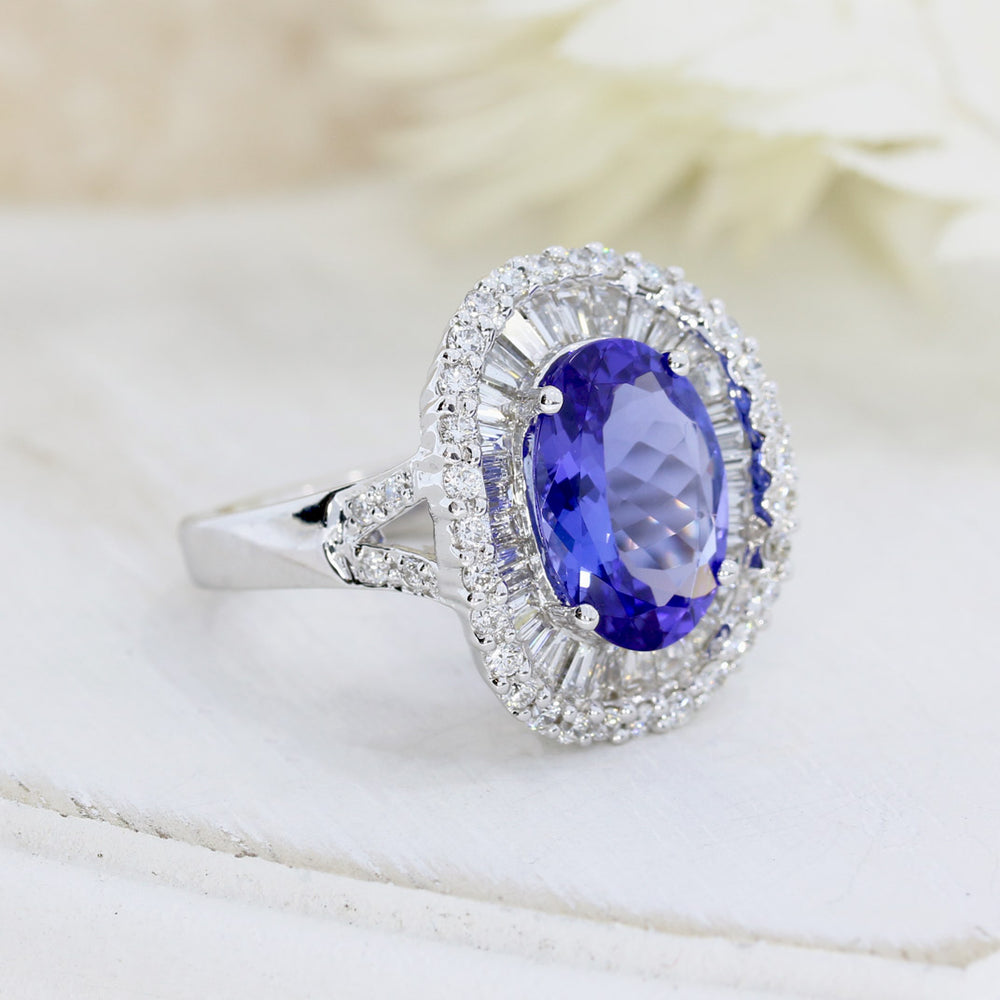 18ct White 3.94ct Oval Tanzanite & Diamond Fancy Cluster Ring