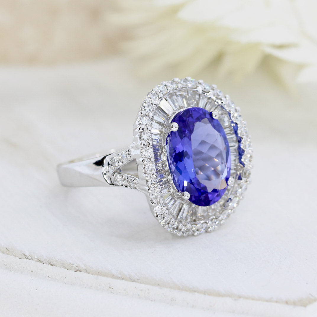 18ct White 3.94ct Oval Tanzanite & Diamond Fancy Cluster Ring
