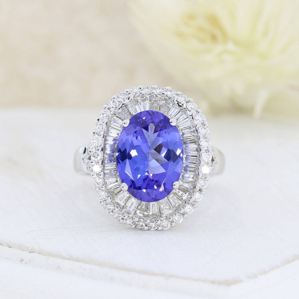 18ct White 3.94ct Oval Tanzanite & Diamond Fancy Cluster Ring