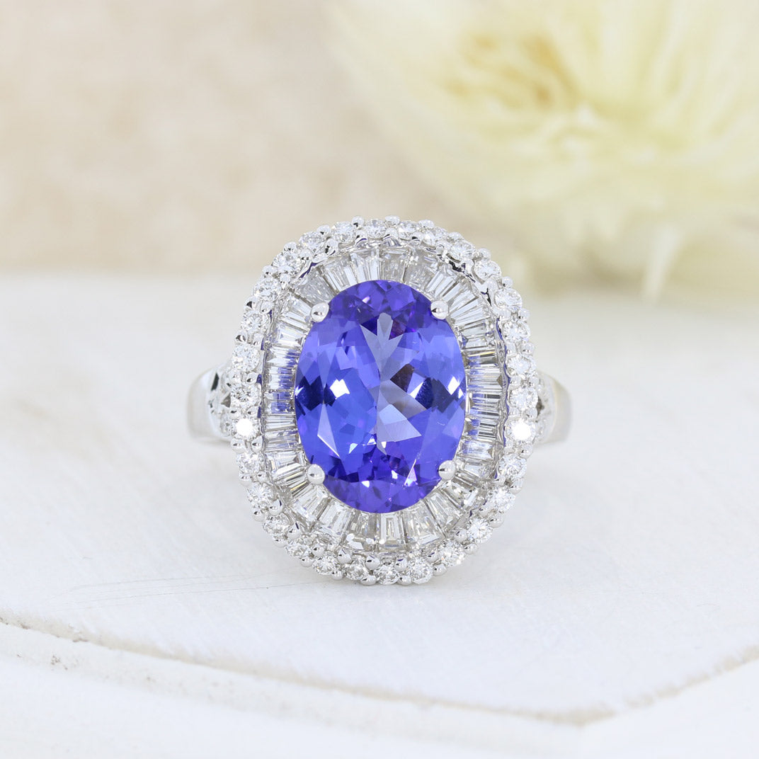 18ct White 3.94ct Oval Tanzanite & Diamond Fancy Cluster Ring