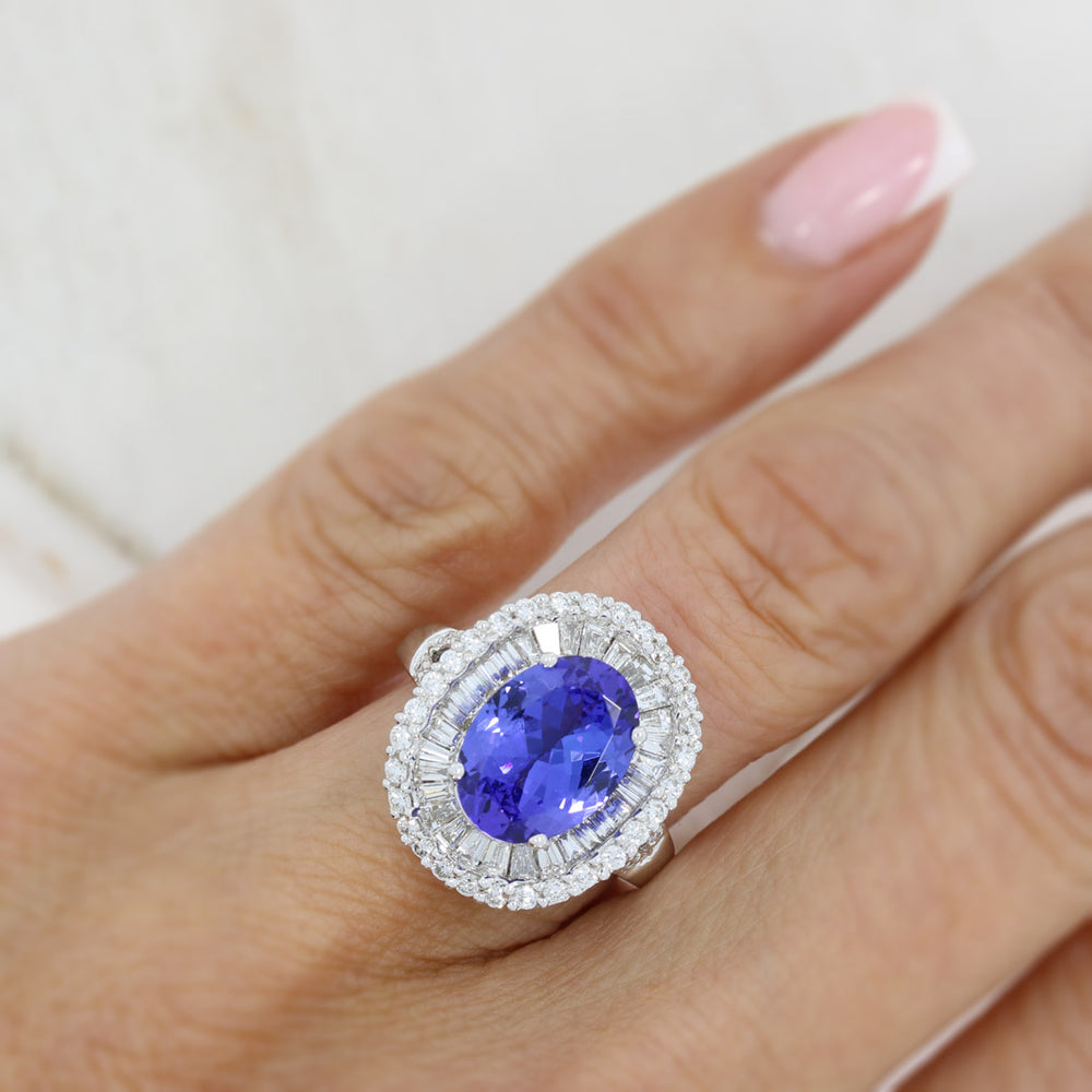 18ct White 3.94ct Oval Tanzanite & Diamond Fancy Cluster Ring