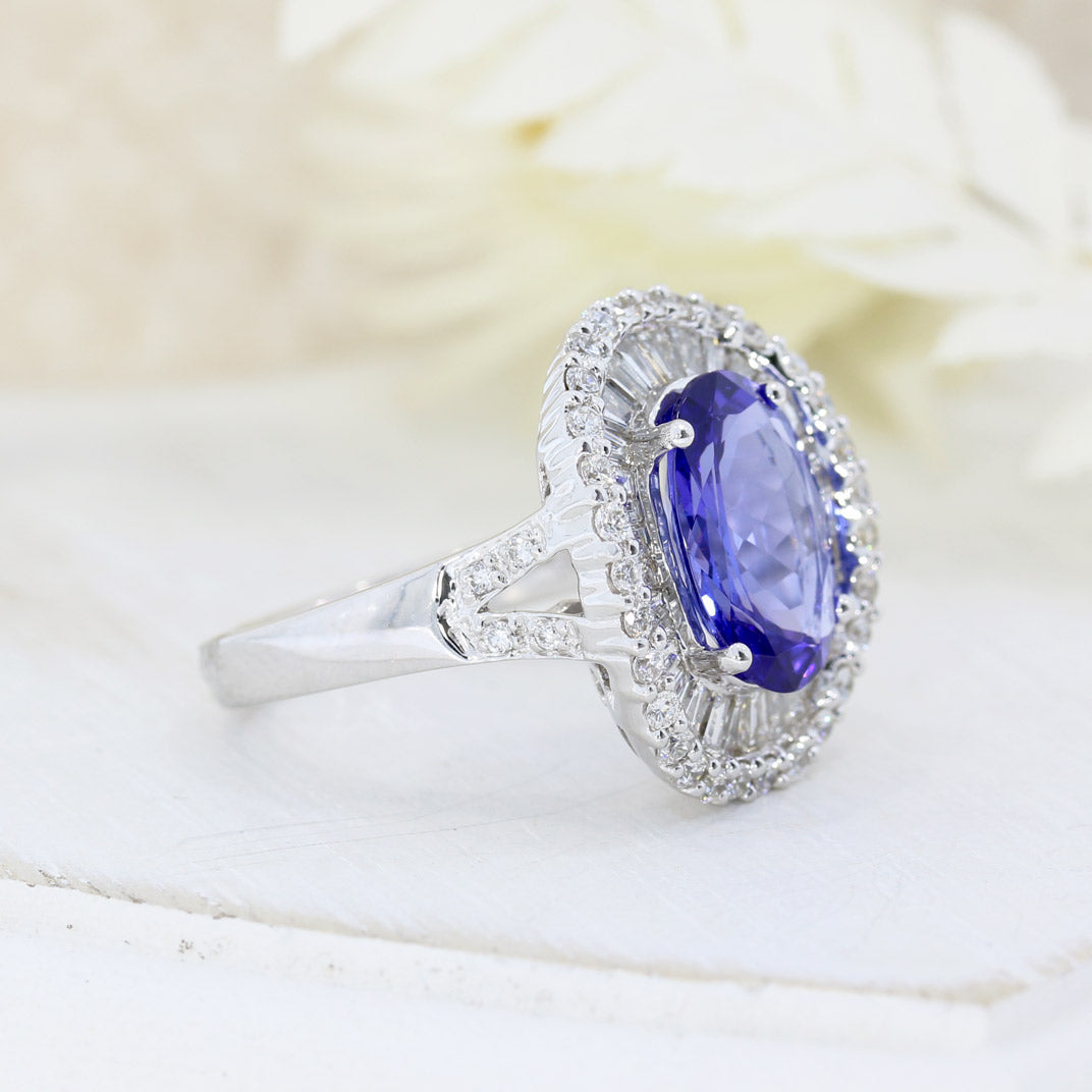 18ct White 3.94ct Oval Tanzanite & Diamond Fancy Cluster Ring