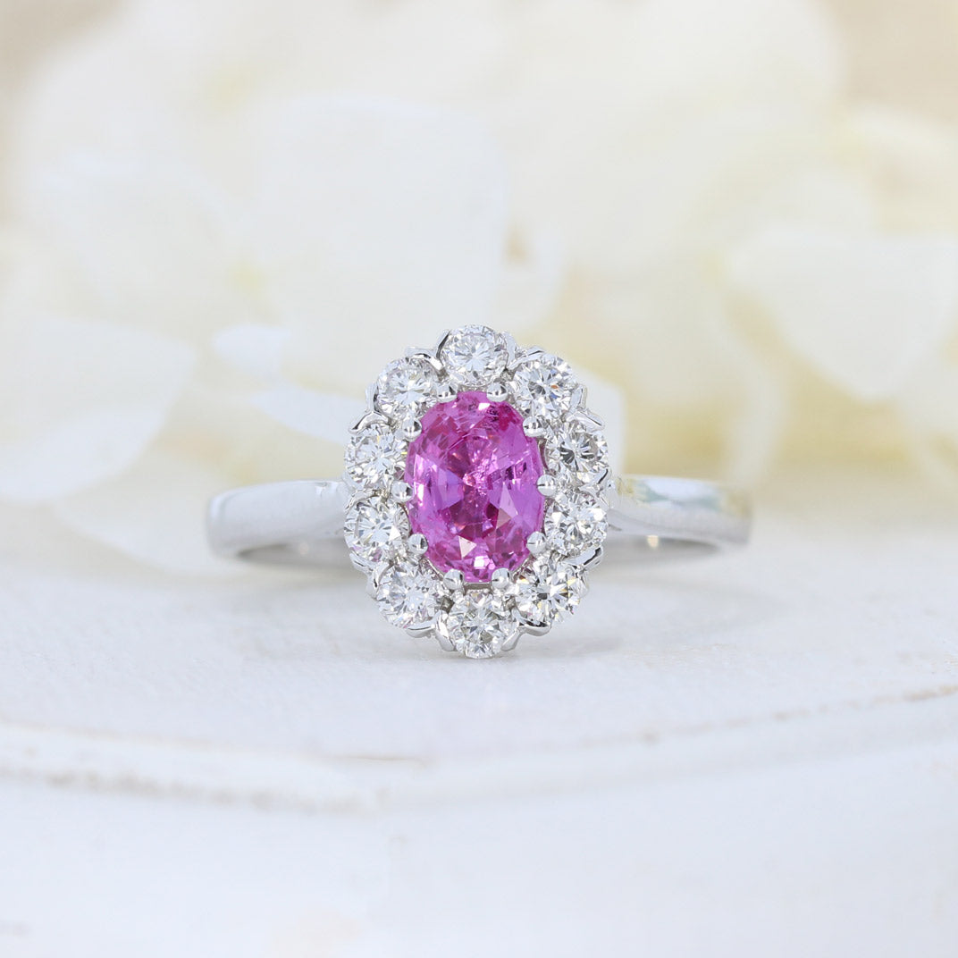 18ct White Gold Pink Sapphire & Diamond Claw Set Cluster Ring