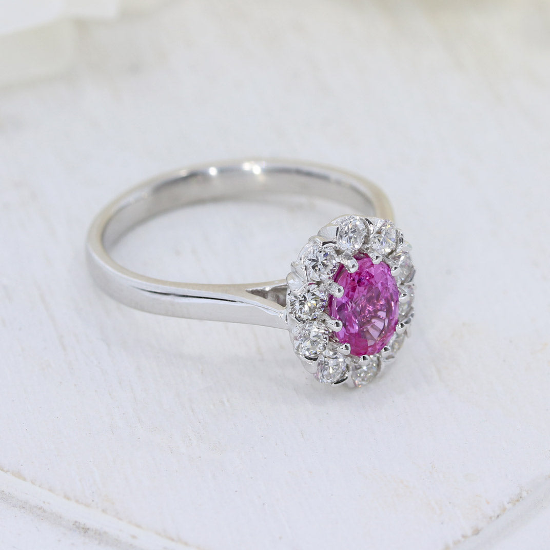 18ct White Gold Pink Sapphire & Diamond Claw Set Cluster Ring