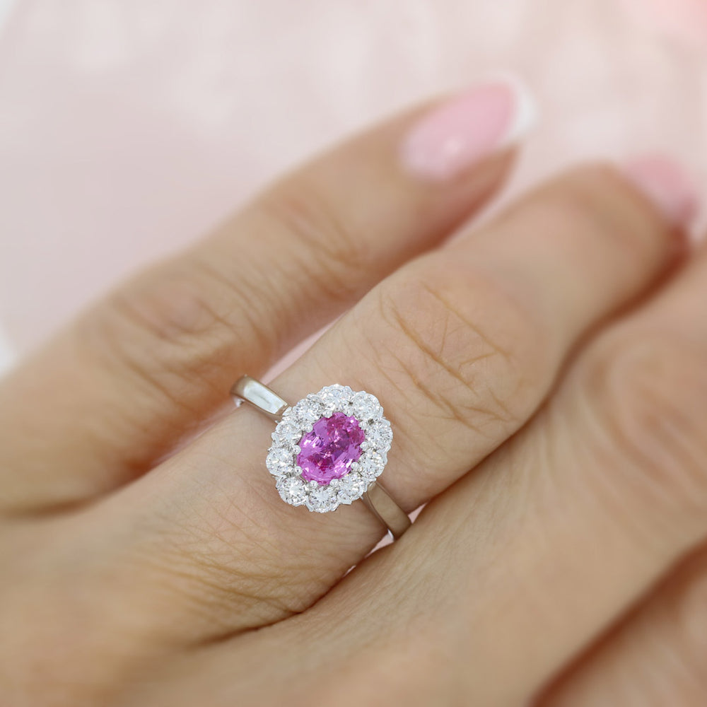 18ct White Gold Pink Sapphire & Diamond Claw Set Cluster Ring