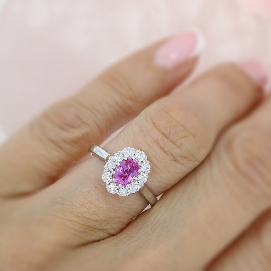 18ct White Gold Pink Sapphire & Diamond Claw Set Cluster Ring