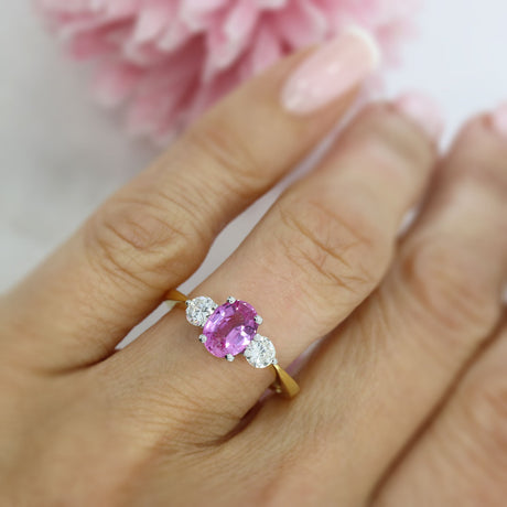 18ct Yellow Gold Large Oval Pink Sapphire 1.53ct & Diamonds 3 Stone Ring