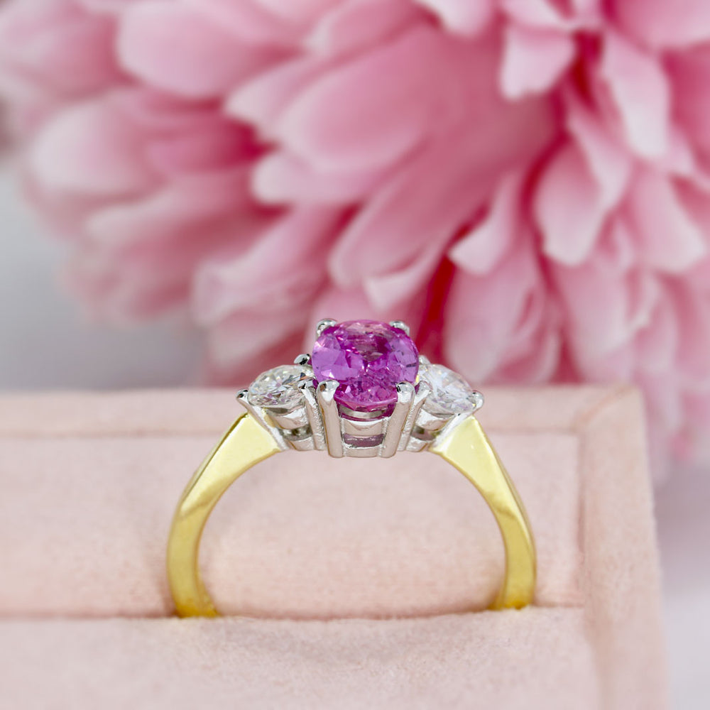 18ct Yellow Gold Large Oval Pink Sapphire 1.53ct & Diamonds 3 Stone Ring