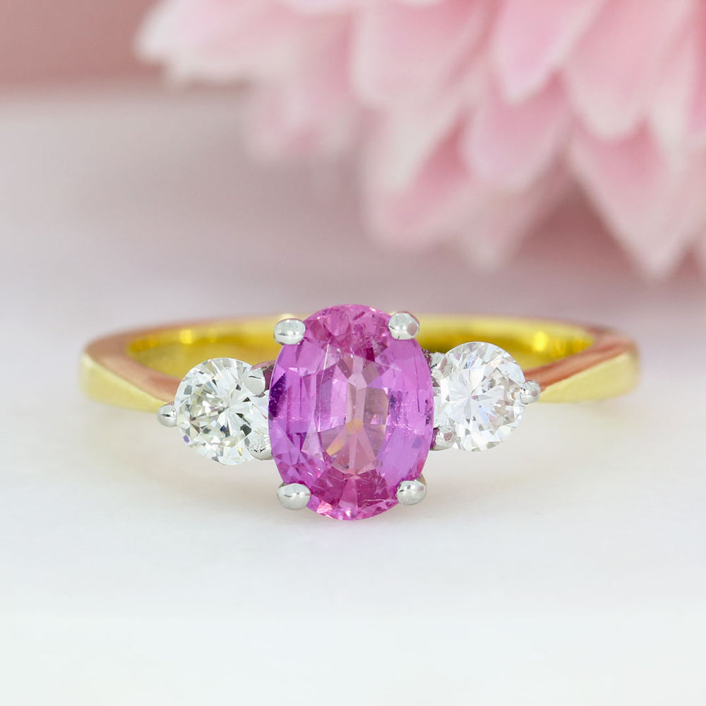 18ct Yellow Gold Large Oval Pink Sapphire 1.53ct & Diamonds 3 Stone Ring