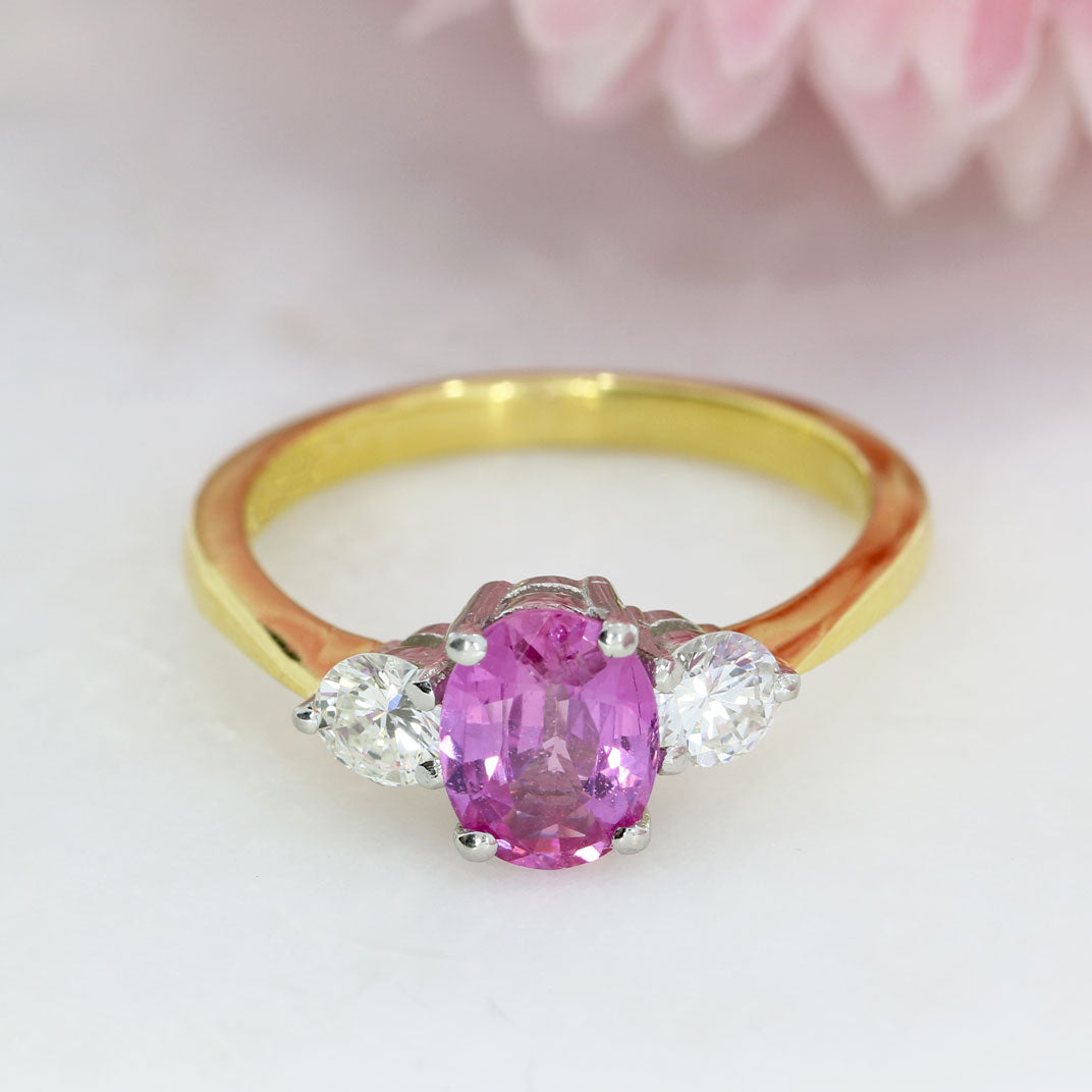 18ct Yellow Gold Large Oval Pink Sapphire 1.53ct & Diamonds 3 Stone Ring