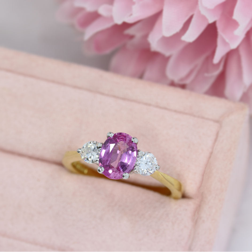 18ct Yellow Gold Large Oval Pink Sapphire 1.53ct & Diamonds 3 Stone Ring