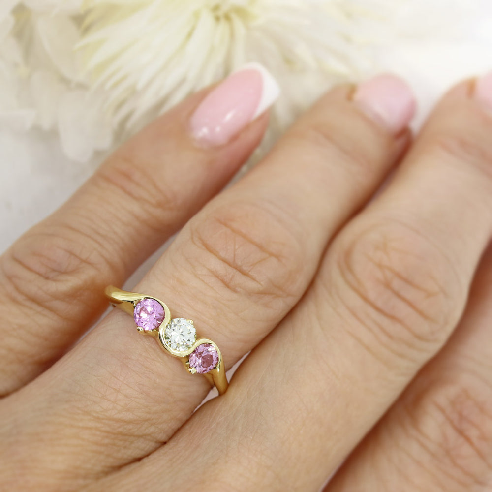 18ct Yellow Gold Pink Sapphire & Diamond Fancy Wave 3 Stone Ring