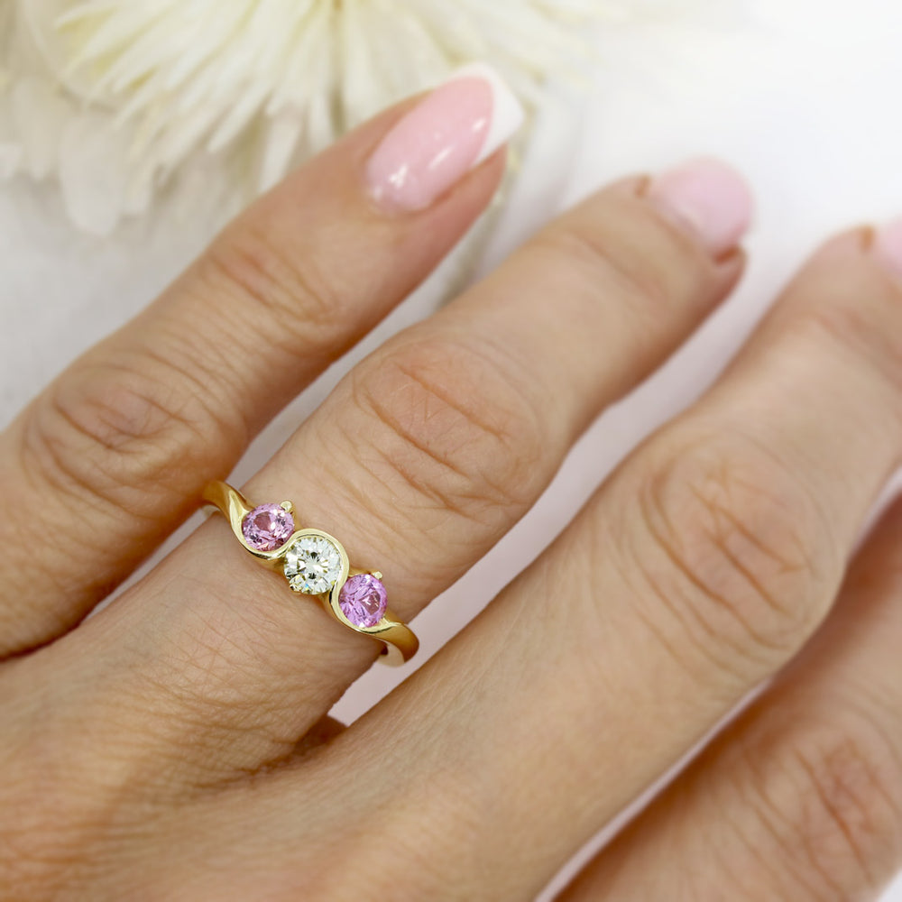 18ct Yellow Gold Pink Sapphire & Diamond Fancy Wave 3 Stone Ring