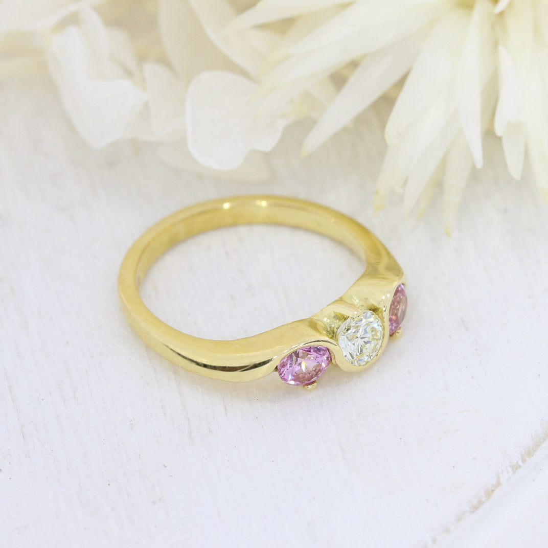 18ct Yellow Gold Pink Sapphire & Diamond Fancy Wave 3 Stone Ring