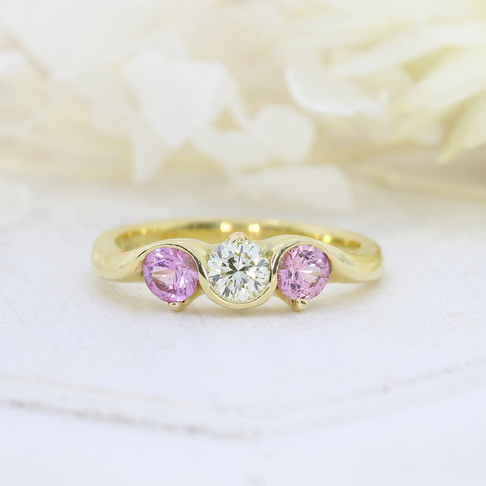 18ct Yellow Gold Pink Sapphire & Diamond Fancy Wave 3 Stone Ring