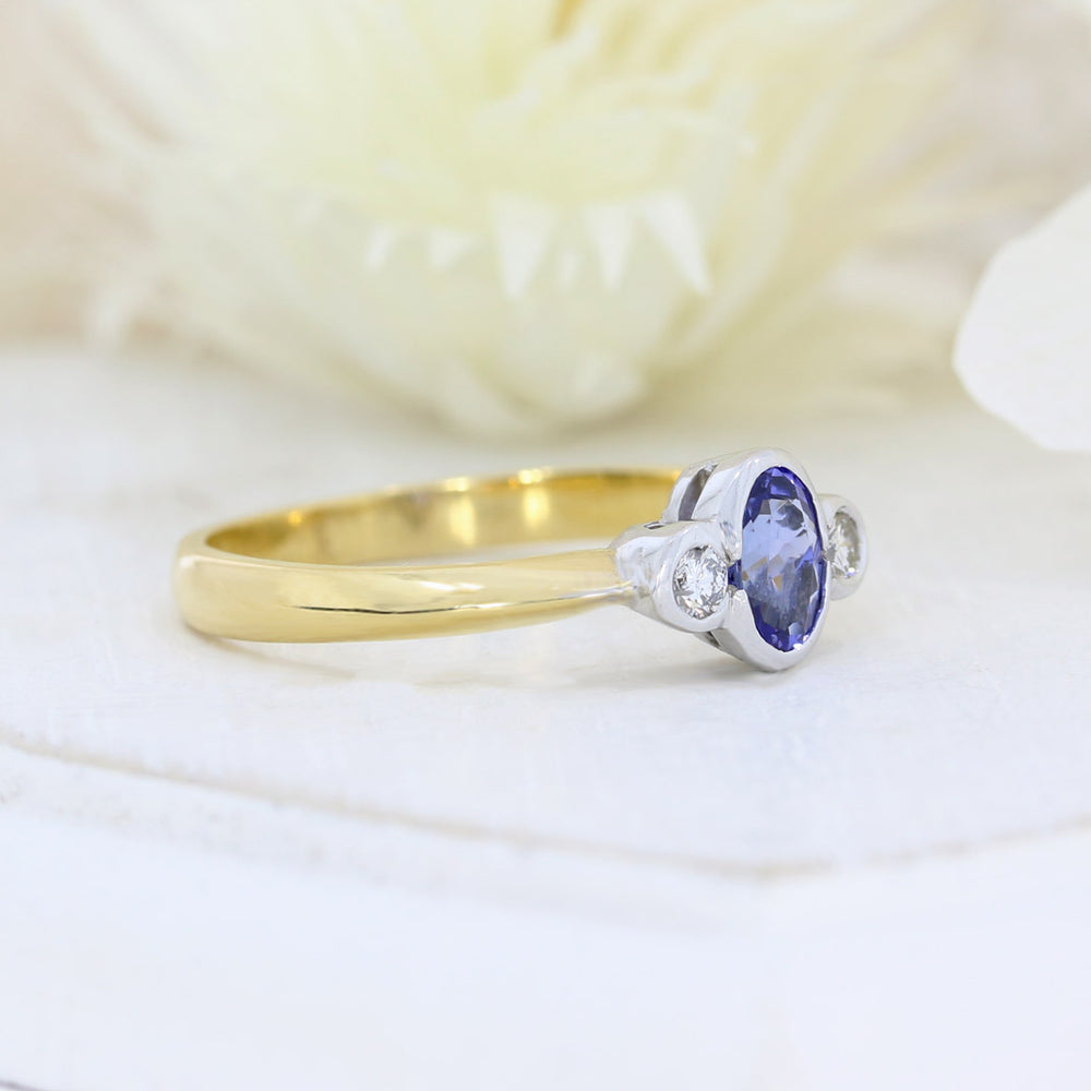 18ct Yellow & White Gold Three Stone Tanzanite & Diamond Ring
