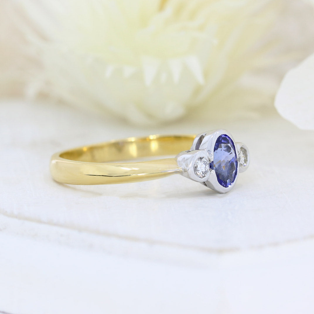 18ct Yellow & White Gold Three Stone Tanzanite & Diamond Ring