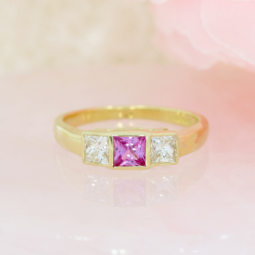 18ct Yellow Gold Square Pink Sapphire & Diamond 3 Stone Ring