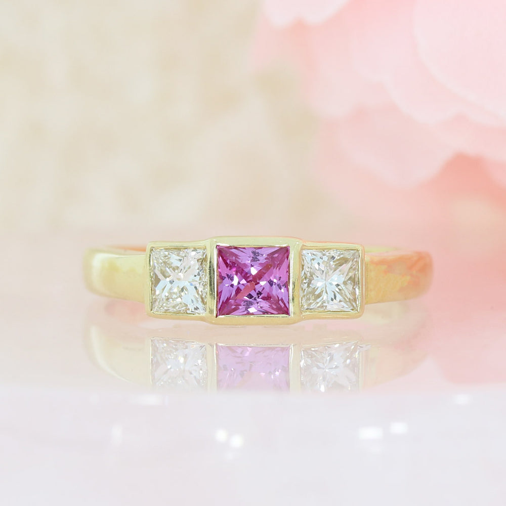 18ct Yellow Gold Square Pink Sapphire & Diamond 3 Stone Ring