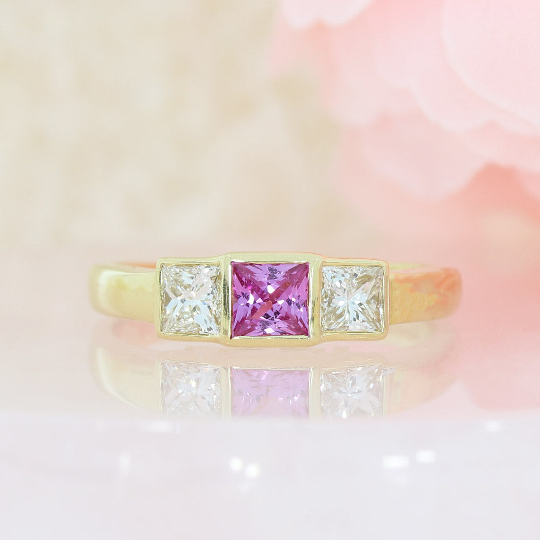 18ct Yellow Gold Square Pink Sapphire & Diamond 3 Stone Ring
