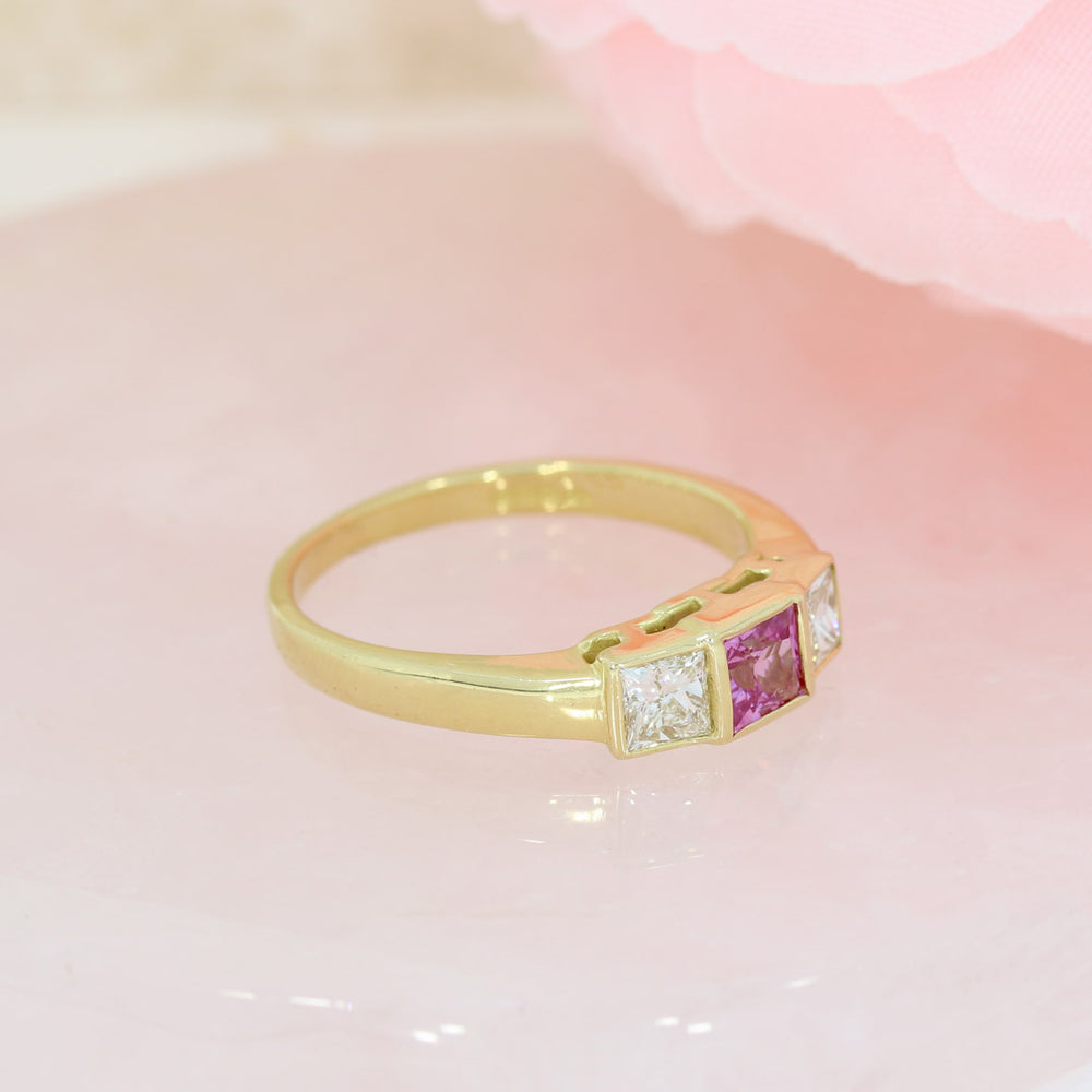 18ct Yellow Gold Square Pink Sapphire & Diamond 3 Stone Ring