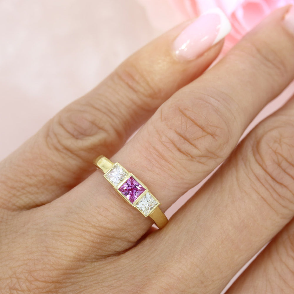 18ct Yellow Gold Square Pink Sapphire & Diamond 3 Stone Ring