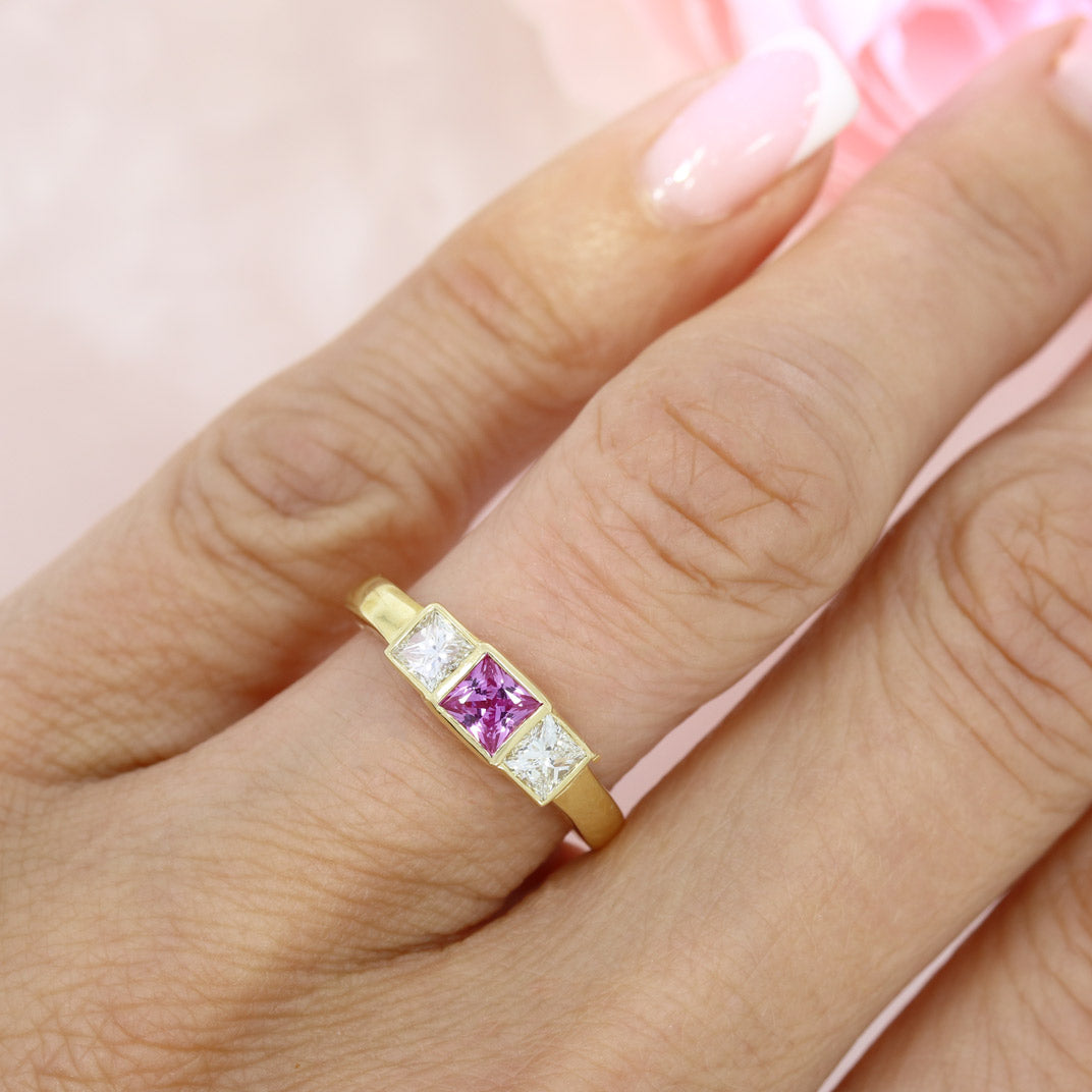 18ct Yellow Gold Square Pink Sapphire & Diamond 3 Stone Ring