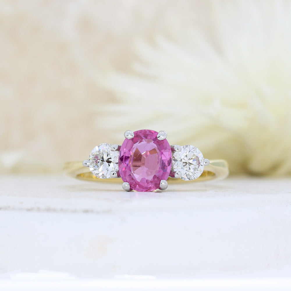 18ct Yellow Gold Claw Set Oval Pink Sapphire & Round Diamond 3 Stone Ring