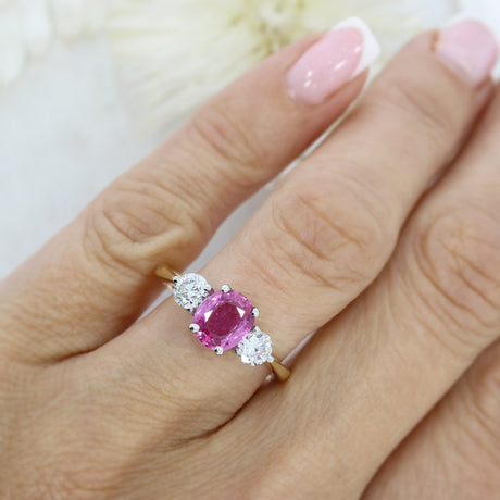 18ct Yellow Gold Claw Set Oval Pink Sapphire & Round Diamond 3 Stone Ring
