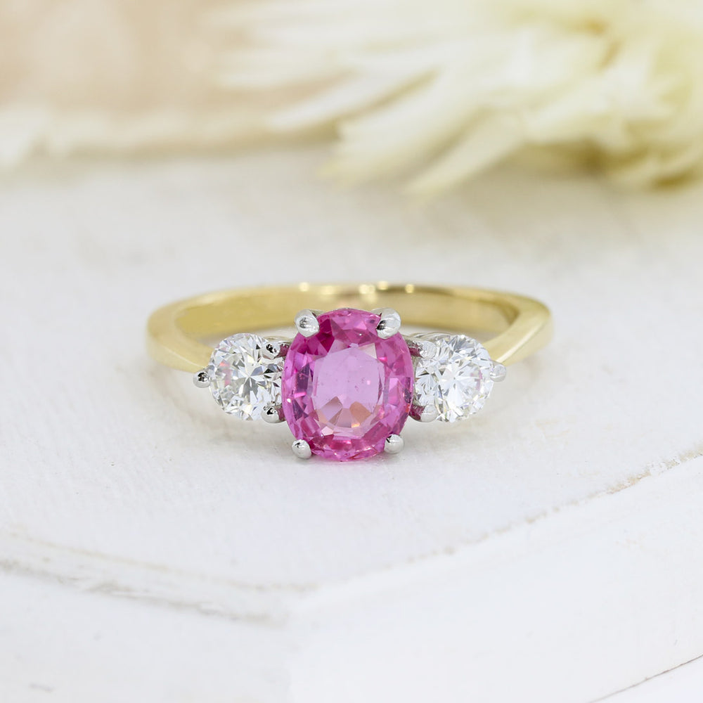 18ct Yellow Gold Claw Set Oval Pink Sapphire & Round Diamond 3 Stone Ring