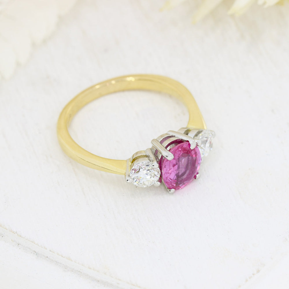 18ct Yellow Gold Claw Set Oval Pink Sapphire & Round Diamond 3 Stone Ring
