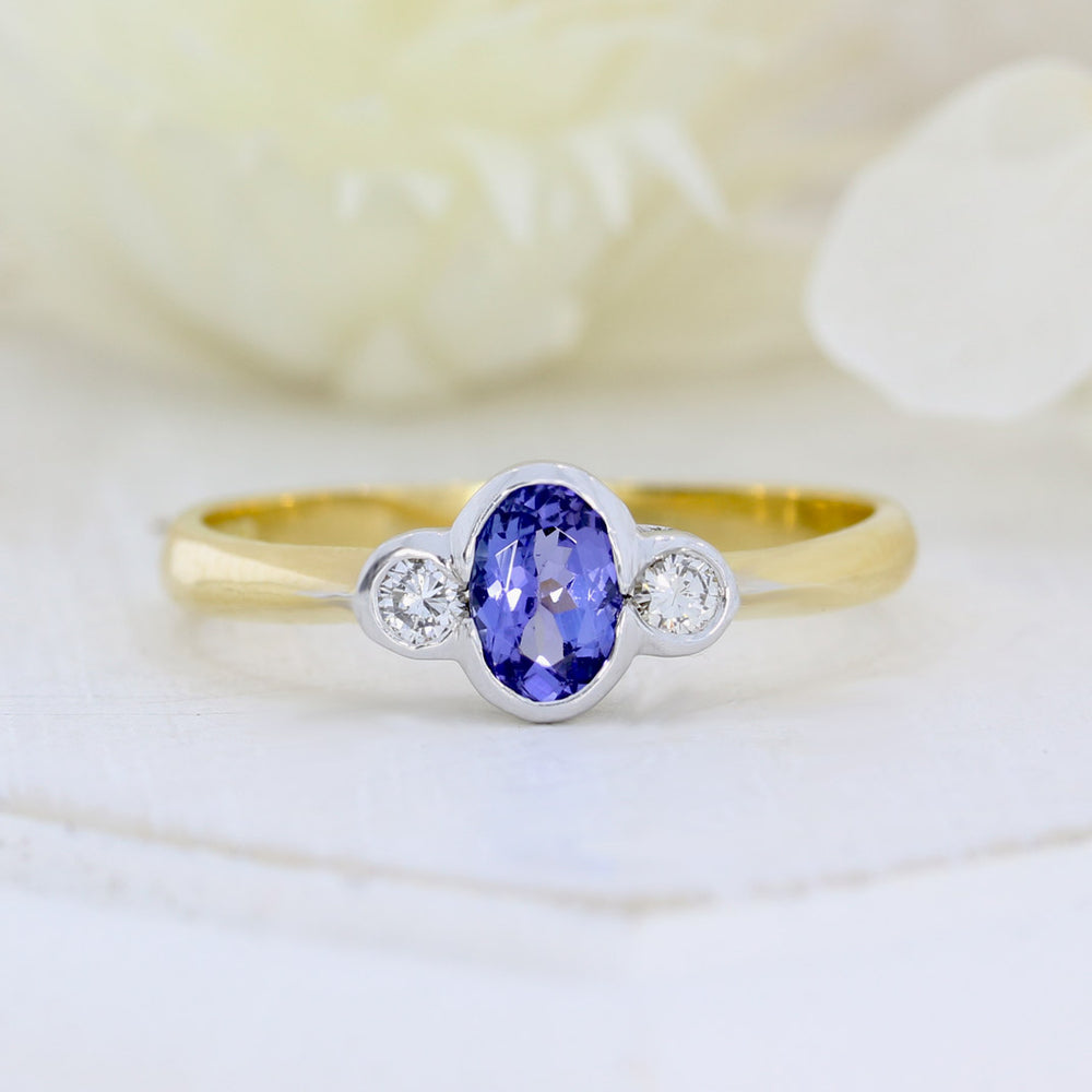 18ct Yellow & White Gold Three Stone Tanzanite & Diamond Ring