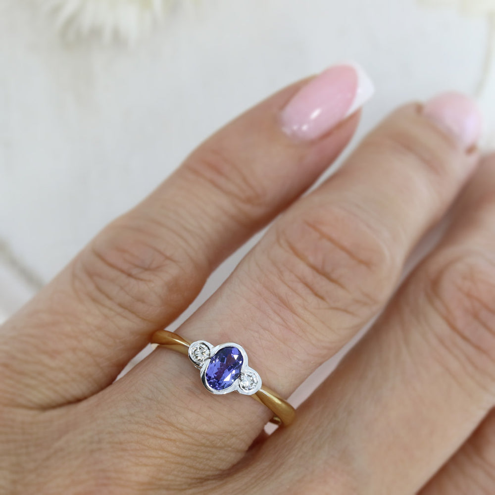 18ct Yellow & White Gold Three Stone Tanzanite & Diamond Ring