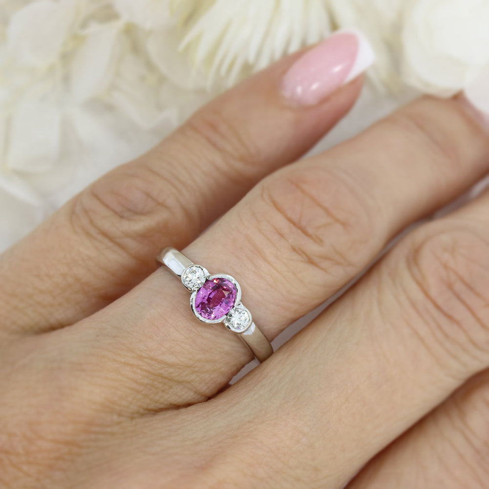 9ct White Gold Pink Sapphire & Diamond 3 Stone Ring