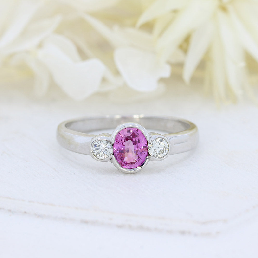 9ct White Gold Pink Sapphire & Diamond 3 Stone Ring