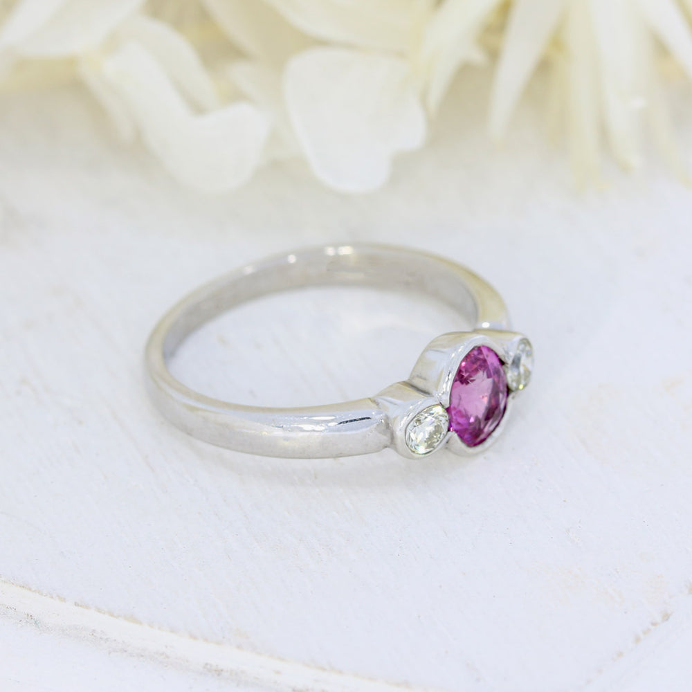 9ct White Gold Pink Sapphire & Diamond 3 Stone Ring
