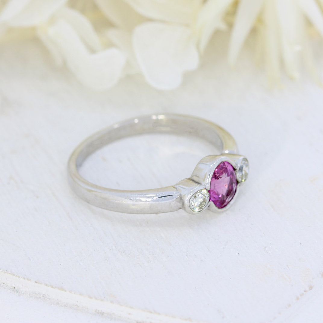 9ct White Gold Pink Sapphire & Diamond 3 Stone Ring