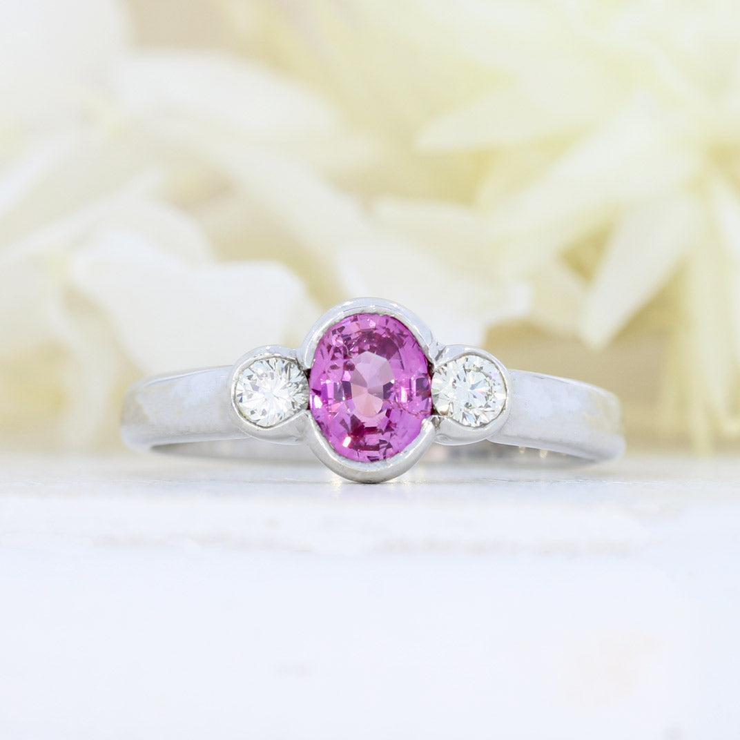 9ct White Gold Pink Sapphire & Diamond 3 Stone Ring