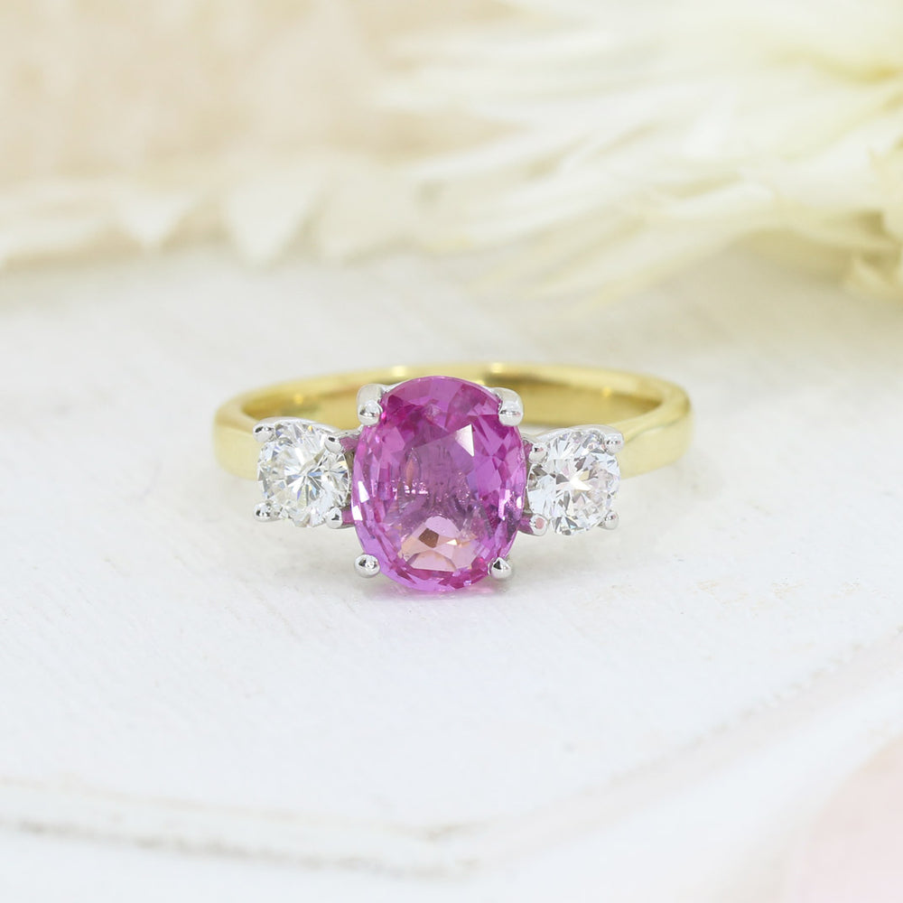 18ct Yellow Gold 3 Stone Pink Sapphire & Diamond 3 Stone Ring