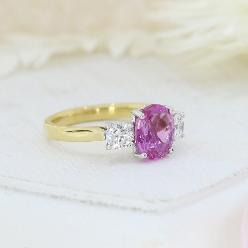 18ct Yellow Gold 3 Stone Pink Sapphire & Diamond 3 Stone Ring